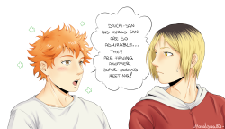 hanatsuki89:  “Everyone thinks that daichi and Kuroo’s meetings are super serious business, but they are just making out”.Remmy, I love your HQ scenarioooooos *serenades*Also, back to KuroDai hell :DP.s. I’m open to KnB, Haikyuu, Free! and Oofuri