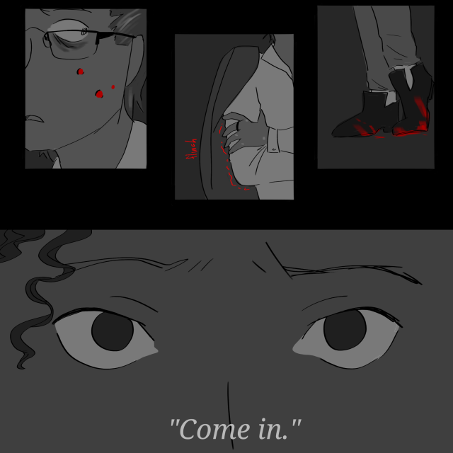 Three panels focused on distressing details about Jon: the worm scars on his face, the way he flinches and trembles, and the blood on his shoes. Each of these details are highlighted in red. The final panel is a closeup of Georgie's eyes, filled with concern. She says, "Come in."