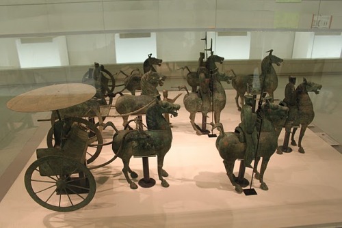 ancientart:An assortment of ancient Chinese bronze figurines depicting military cavalry and spoke-wh