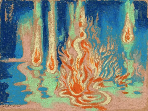 suhaylah:oil pastel studies: little fires, pouring rain, and pink night forest (2021)shop: suhaylah.