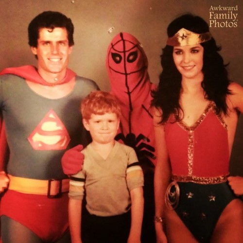 cryptofwrestling: Kinda generic heroes pose while kid holds his breath. &ldquo;Spiderman&rdquo; lo