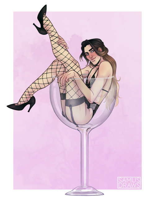 samusdraws: Commission for @more-like-the-hung-man of Valerius in a giant wine glass wearing lingeri