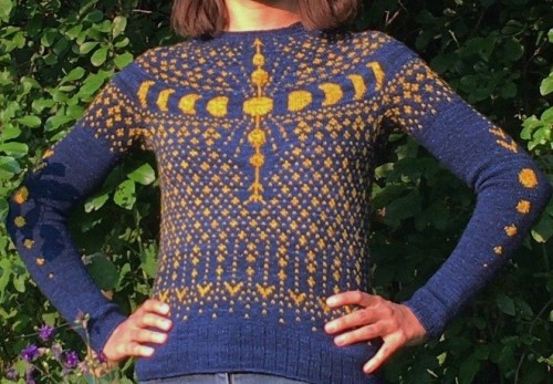 liapher:i finished knitting my night sky sweater after a little over four months! i think i reinvent