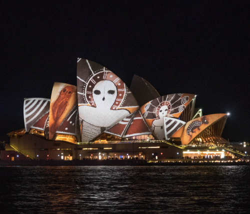 newguineatribalart:Aboriginal Wandjina Art projected onto the Sydney opera House
