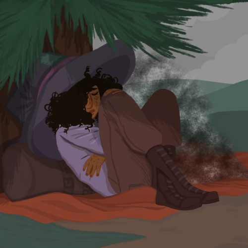 quakgrass: [image description: a drawing of Taako, curled up against the base of a pine tree, asleep