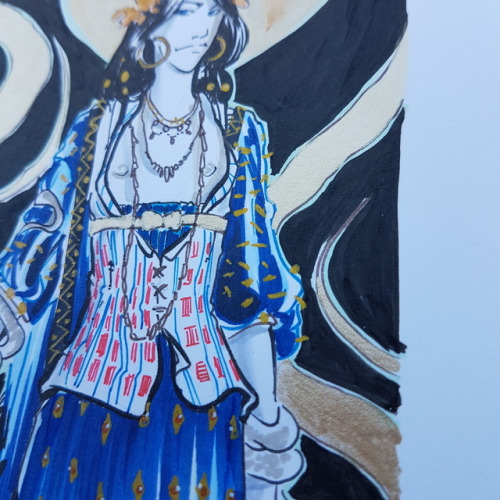 Ariadne, Queen of Knossos and Dyonisus&rsquo; wife. Inks, copic and gold watercolor. From my webcom