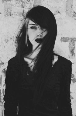 gothedup:  Goth girl with long black hair and septum piercing 