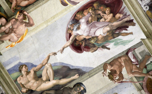 Michelangelo.  The Creation of Adam.  1512.  Fresco painting.  570 cm x 280 cm.  Sistine Chapel, Vat