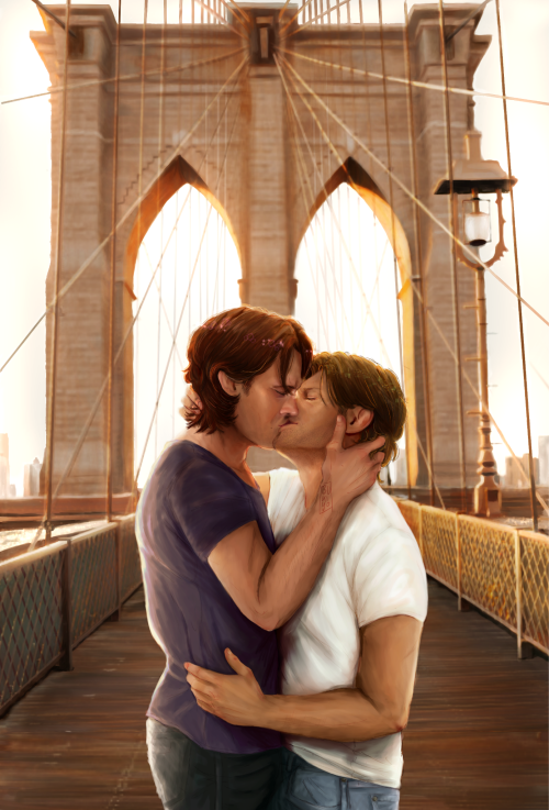 An image of Sam and Dean Winchester kissing on the Brooklyn Bridge in New York, with their respective magic sparkling around the crown of their heads, by Tsukiyo-7