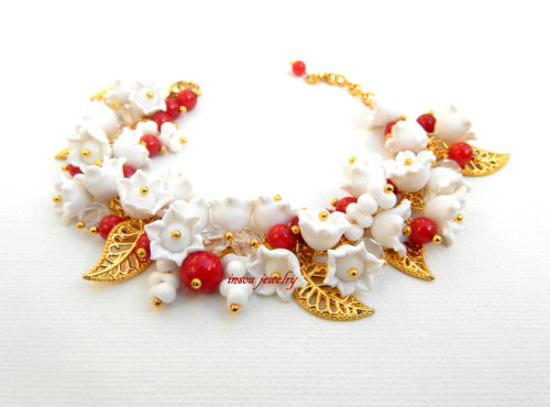 Flower Bracelet White Jewelry White Red Coral Jewelry Handmade Bracelet Lily Of The Valley Polymer J