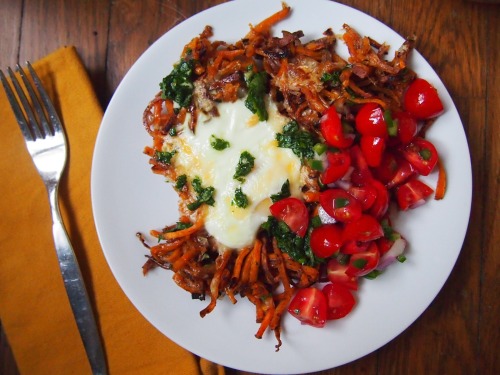 Shredded sweet potatoes with eggs, chimichurri, and fresh salsa