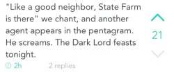 fairyfoolishness:  kyraneko:  doujinshi:  I hate that I laughed at this  &ldquo;Like a good neighbor, State Farm is there,&rdquo; and another one appears. And dodges the downward sweep of claws, darting to the side, bouncing off the pentagram’s barriers,