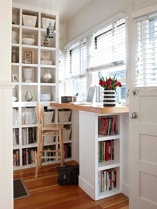 “ Turn your window area into a small office. Install a built-in desk and shelves under a large window for a work area with a view. Here, a wooden ledge mounted under the windowsill serves as a countertop, supported by a shelving unit that ties into...