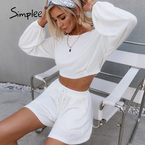 ⁌ Simplee White long sleeves two piece woman short suits Elastic waist lace up summer suit Pockets c