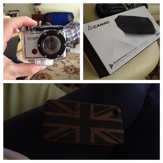 New toys my dad got me in china Bluetooth speaker,Union Jack iPhone case and a go