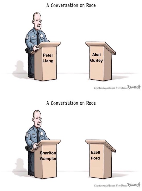 icedriveway:  odinsblog: Kinda seems like a one sided conversation, doesn’t it? I’m tired of “conversations on race” whenever another innocent, unarmed black person is executed by the police. They’re as perfunctory as they are repetitive.  