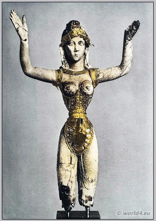 Minoan ivory goddess known as “Our Lady Of The Sports” wearing a male loincloth