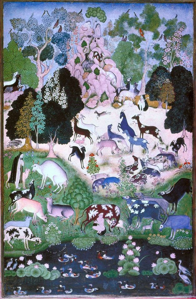 Painting containing many animals in the forest.