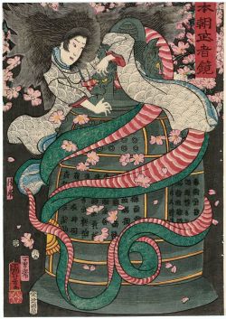 nekkyousagi:  Kiyo-hime by Utagawa Kuniyoshi A gorgeous woodblock print depicting the climax of the famous kabuki play Musume Dojoji.  