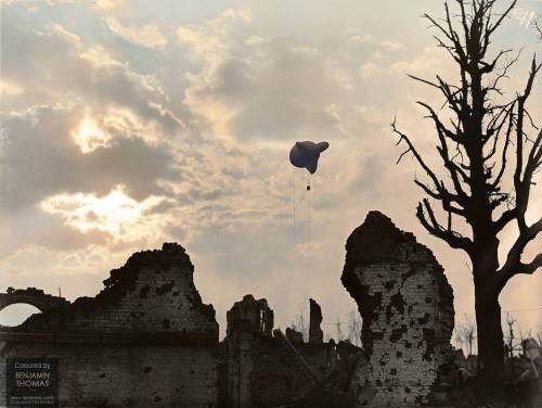 An observation balloon above the ruins of Ypres, Belgium, 27 October 1917.