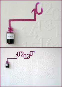 bubbleant:  gooseppie:  Ink Calendar by Oscar Diaz…  Ink Calendar make use of the timed pace of the ink spreading on the paper to indicate time. The ink is absorbed slowly, and the numbers in the calendar are ‘printed ‘ daily. One a day, they are