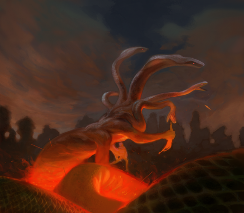 Commission for @gilrandree of his snake demon raiding a Roman camp, perhaps. Everything is on fire! 