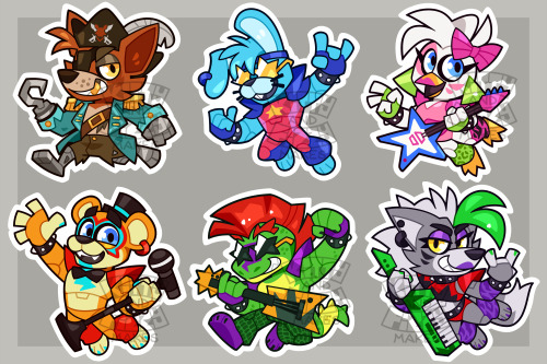 Showcase of the individual art to make the six sticker designs in a grid, in order; Captain Foxy, Glamrock Bonnie, Glamrock Chica, Glamrock Freddy, Montgomery Gator, and Roxanne Wolf.  The characters are in suspended, dynamic poses, all looking towards the viewer, some of which are holding musical instruments.