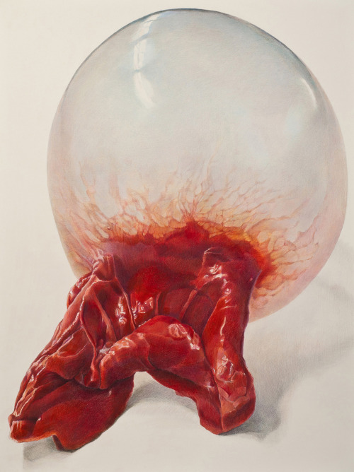 likeafieldmouse:  Julia Randall - Blown (2011-12) - Color pencil on paper Artist’s statement:  “Bubblegum initially connotes innocent, cheeky pleasure, yet the fragile skin of gum also points to the susceptibility of the body, and the dreaded passage