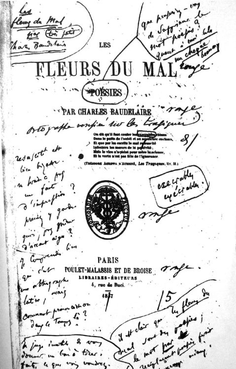 Page de titre de l'édition de 1857 des Fleurs du Mal, épreuve corrigée par Baudelaire.