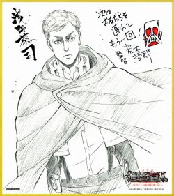 fuku-shuu:  Following the sketch giveaways of Armin, Colossal Titan, Eren, Jean, &amp; Mikasa for theatergoers of the 1st SnK compilation film, the 2nd compilation film will begin its own giveaway with Asano Kyoji’s sketch of Erwin!Release Dates: June