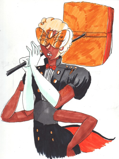 projectormom:  lol i literally never color with markers and I don’t know what I’m doing and this has visible mistakes but ideas about Wartime Sardonyx: her tux is turned into a more bomber-jacket, military-esque version of itself, her hair is shorter,