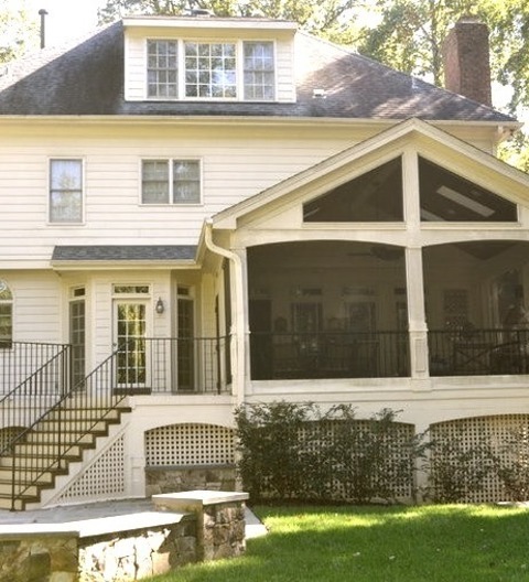 Raleigh Porch BackyardLarge Transitional Screened-in Back Porch Idea With A Roof Extension