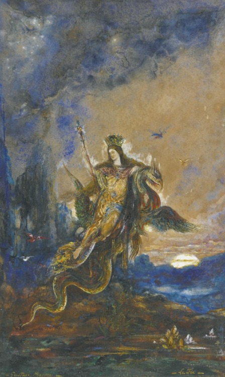 La Fée.Watercolour and gouache on paper mounted on panel.31 x 18 cm.Art by Gustave Moreau.(1826-1898