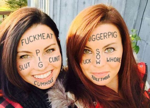 nolimitpig:  bimbo-slut-maria:  nolimitpig:  The slut twins  I like my face tattooed like the left g