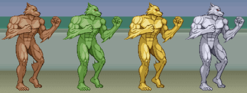 scrollboss:  Here’s my recreation of the werewolf sprite from Sega’s Altered Beast. He’s mostly one color, so I just colored the lines with layers, drew some simple, flat shading, masked it for the outline, applied the palette I made for the old