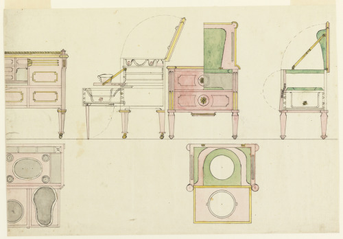 Design for Mechanical furniture: Two Washstands, 1805. Germany. Via Cooper Hewitt.