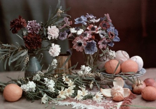 zielenadel: Auguste and Leon Lumiere . Still life with flowers and oranges . 1907 . Autochrome