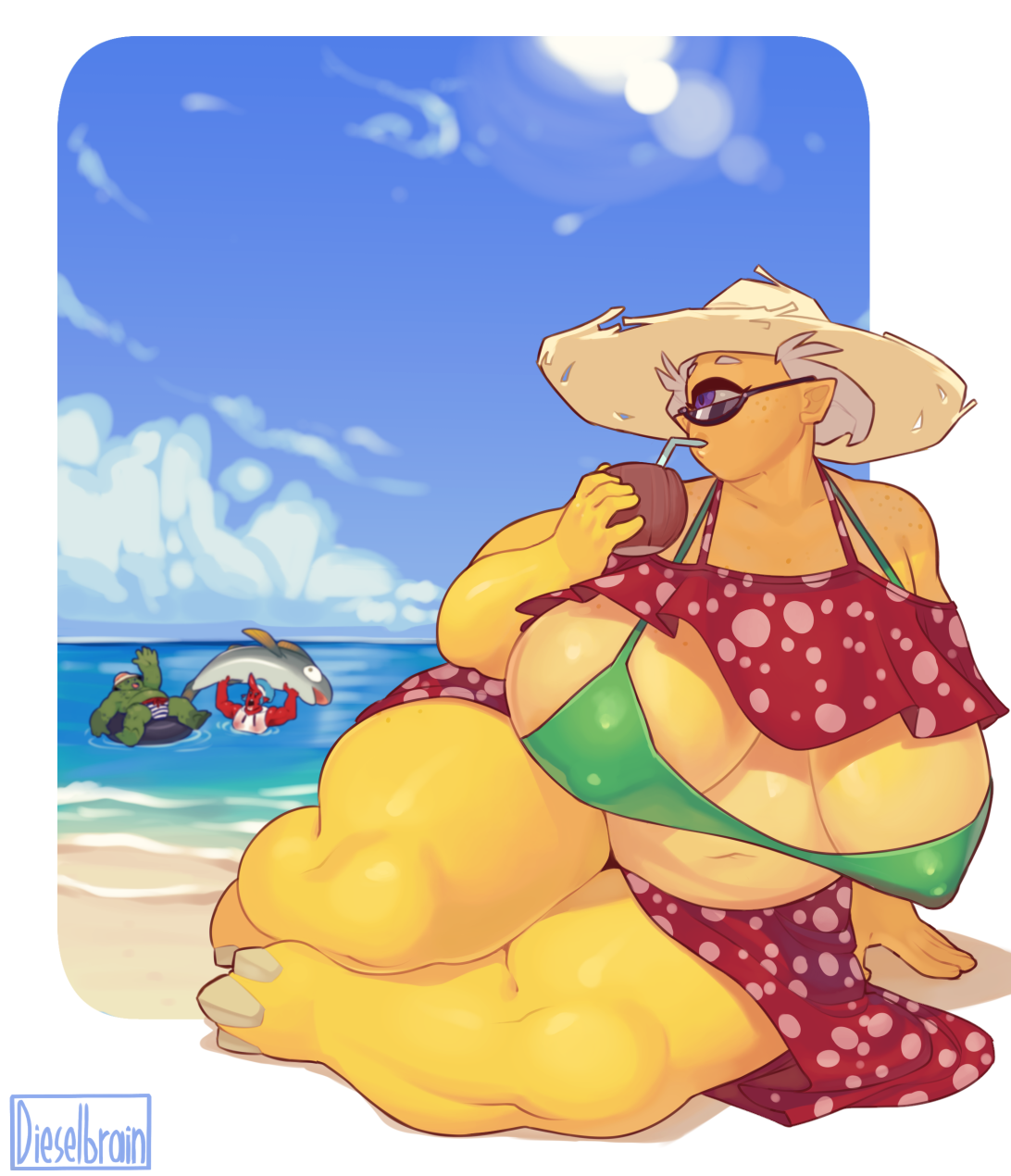 dieselbrain: Finally finished this pic of Sucy hanging out at the beach with two