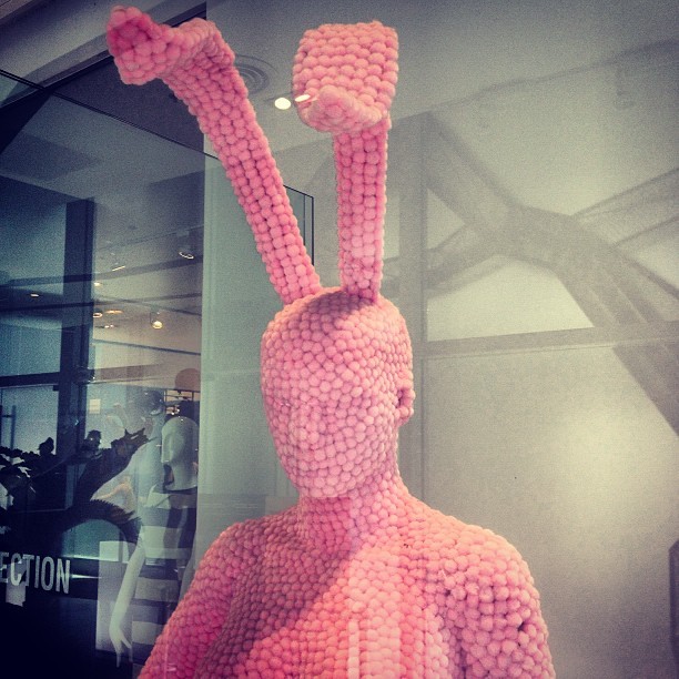 Bunny Mannequin Sculpture out of Pink Pompoms - part of an art exhibition at the