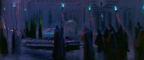 gffa: gffa:  Star Wars: Revenge of the Sith | Padme’s funeral on Naboo | Concept Art vs Screen Huge solemn crowds line Palace Plaza in Theed, the capital of Naboo, as six beautiful white gualaars draw a flower-draped open casket bearing the remains