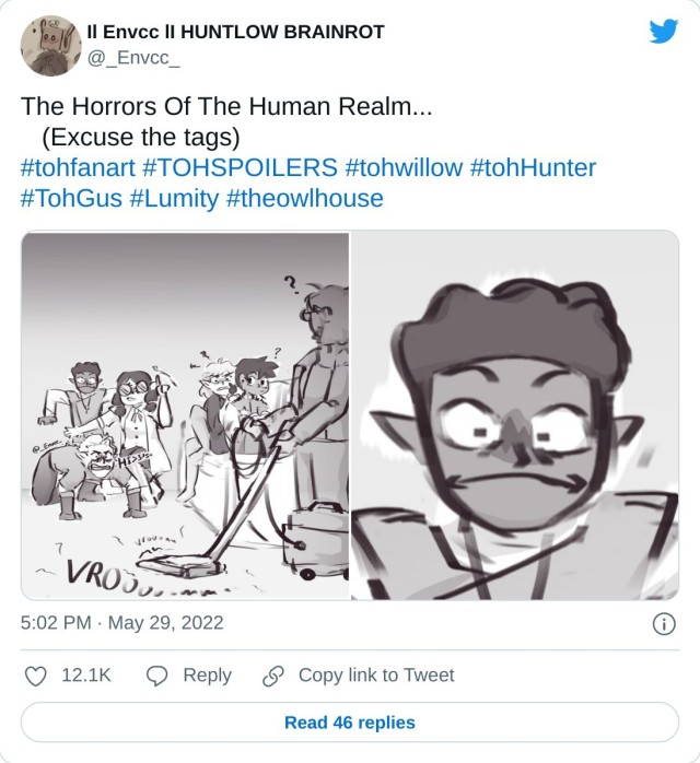 The Horrors Of The Human Realm... (Excuse the tags)#tohfanart #TOHSPOILERS #tohwillow #tohHunter #TohGus #Lumity #theowlhouse pic.twitter.com/x6tA1VMTxX — Il Envcc lI HUNTLOW BRAINROT (@_Envcc_) May 29, 2022