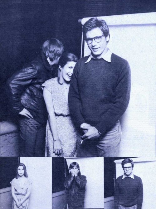blondebrainpower:Mark Hamill, Carrie Fisher, and Harrison Ford in Interview Magazine, June 1977