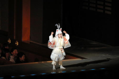 Kabuki actor Ebizo Ichikawa with his 4 year old son Kangen dressed as a tiny white kitsune, seen on 