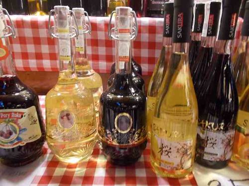 Bottles of wine offered during Christmas market in the city Wroclaw, Poland.