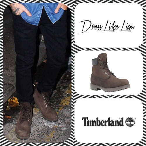 Liam leaving Pancea in Manchester, 4 Oct 2015. Shoes | Timberland classic boots in dark chocolate nu