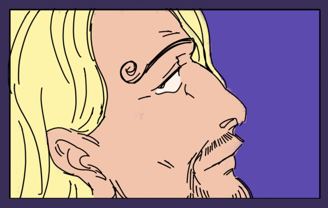 Closely cropped fanart of Sanji from One Piece with his 40 year old design. He is glancing over his shoulder with an unimpressed expression against a solid blue background.