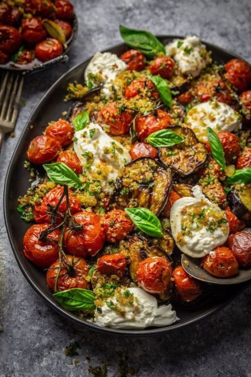 fuck-yeah-food: Grilled Eggplant, Roasted Tomatoes and Burrata Cheese with Garlic Herb Breadcrumbs