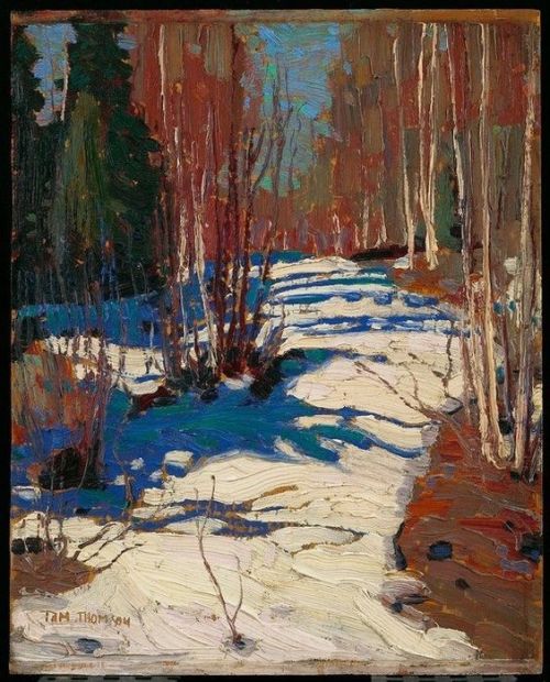 kundst:Tom Thomson (Can.1877-1917)Path behind Mowat Lodge (spring 1917)Oil on wood  (27 x 21.5 cm)