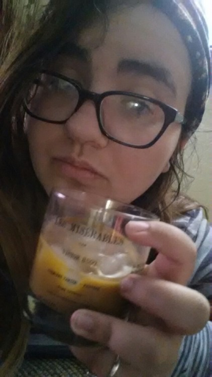 lesbiananders:Me and my Les Mis rocks glass (with Thai tea) and my one year of French could do a bet