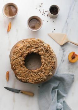 sweetoothgirl:Peach Cocoa Nib walnut Streusel Snacking Cake